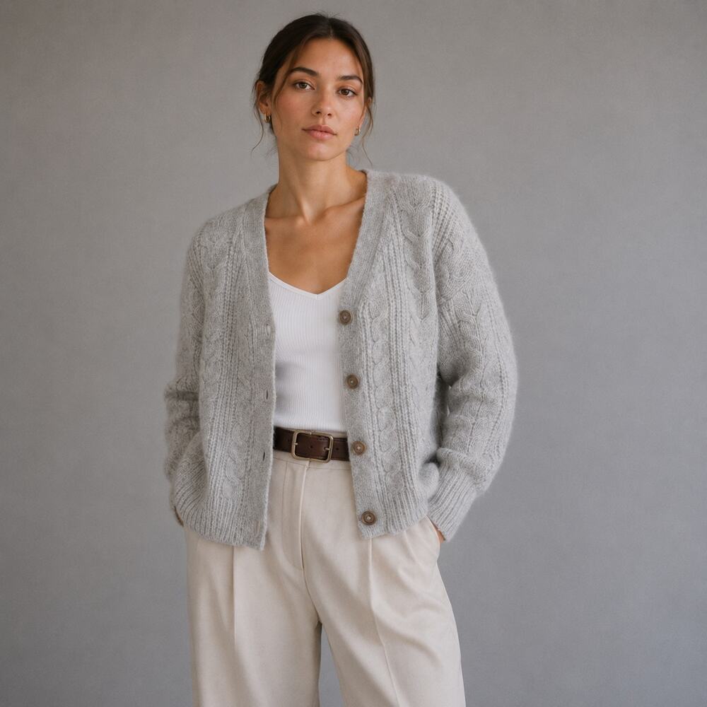 Jenni Kayne Alpaca Wool Cable Cocoon Cardigan Womens XS Gray Long Sleeve V-neck